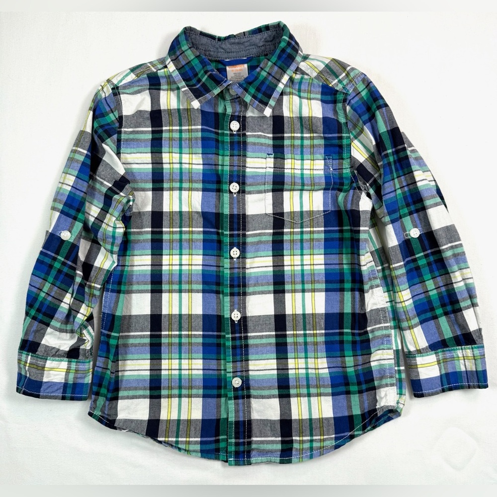 GYMBOREE Boys’ Green & Blue Tartan Plaid Long Sleeve Casual Button Down Size S